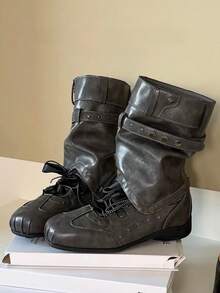 2025 New Kitten Heel Ruched Knee-High Stacked Boots Pointed Toe Over-The-Knee High Shaft Boots Vintage Wide Barrel Knight Boots - Grey - View 7