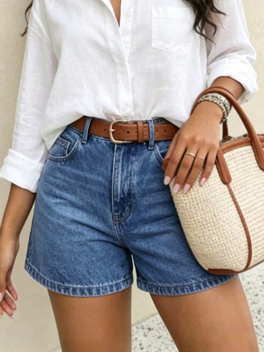 Petite Women's Washed Blue Non Elastic Denim Shorts - Baby Blue - View 1
