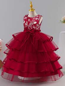 Girls' Embroidered Long Puff Princess Dress, Girls' Dress For Wedding, Birthday, Evening Party, Holiday Gathering, Piano Performance, Formal Occasion - Red - View 4