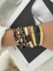 Vintage Black & Gold Enamel Bracelet Set, French Palace Style Drip Oil Open Cuff, Layered Stackable Atmospheric Jewelry - Multicolor - View 7