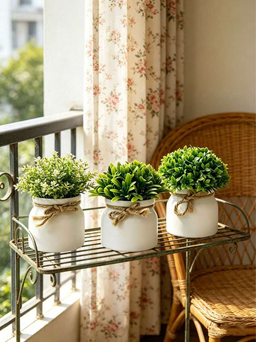 1/3Pcs Artificial Mini Potted Plants, Faux Small Greenery Bonsai, Fake Grass Shrub With White Plastic Pot, Realistic Desk Topiary Tiny Potted, Faux Green Bushes,Artificial Potted Plant For Shelf Window Sill Table Farmhouse Decor - Multicolor - View 1