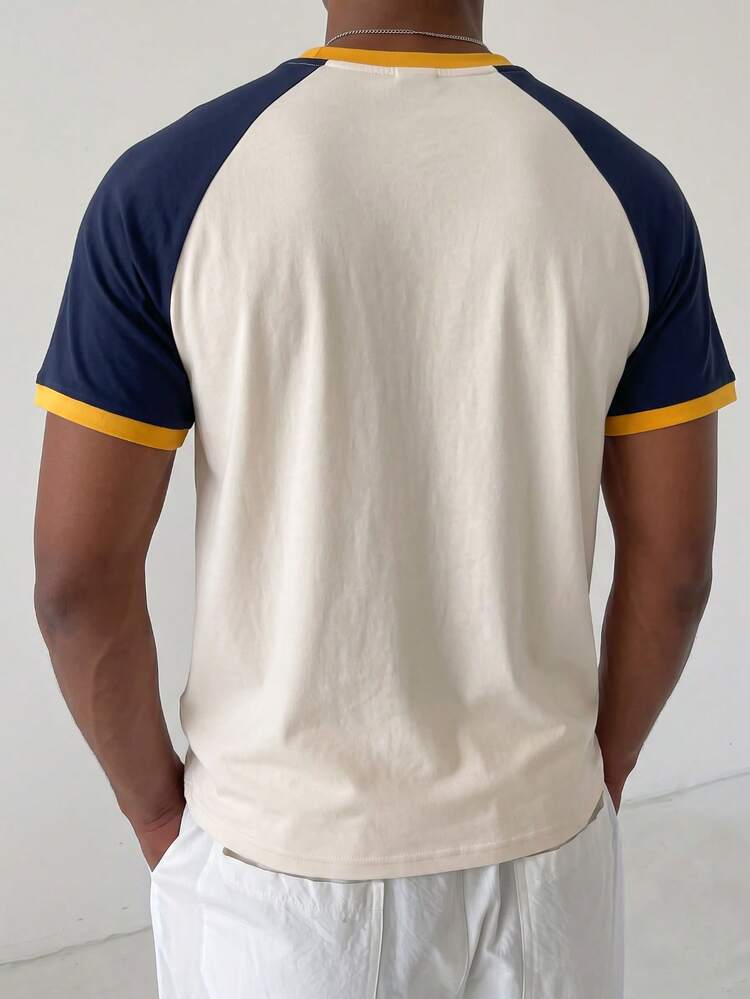 Kaos Pria Musim Panas Kasual Minimalis Motif Kuda Poni Warna Blok Patchwork Lengan Pendek Kerah Bulat - Aprikot - View 2