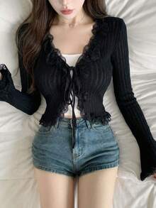 New Spring/Summer Korean Style Fitted Frill Trim V-Neck Knit Sweater Top For Women Black Fall - Black - View 2