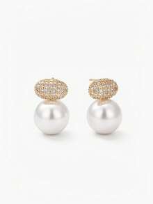 Vandermere 2 Pieces Of High-Quality Oval Pearl Stud Earrings Copper Inlaid With Zirconia Plated - Light Luxury Earrings - View 2
