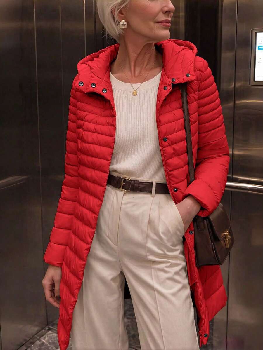 Giolshon 女款休閒連帽羽絨外套,附口袋,輕量,適合日常穿著 - 紅色 - 查看 1