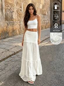 EARO Women's White Long Fabric Skirt, High Elasticity Lace Layered Design, Elegant Casual Summer Skirt Spring - White - View 1