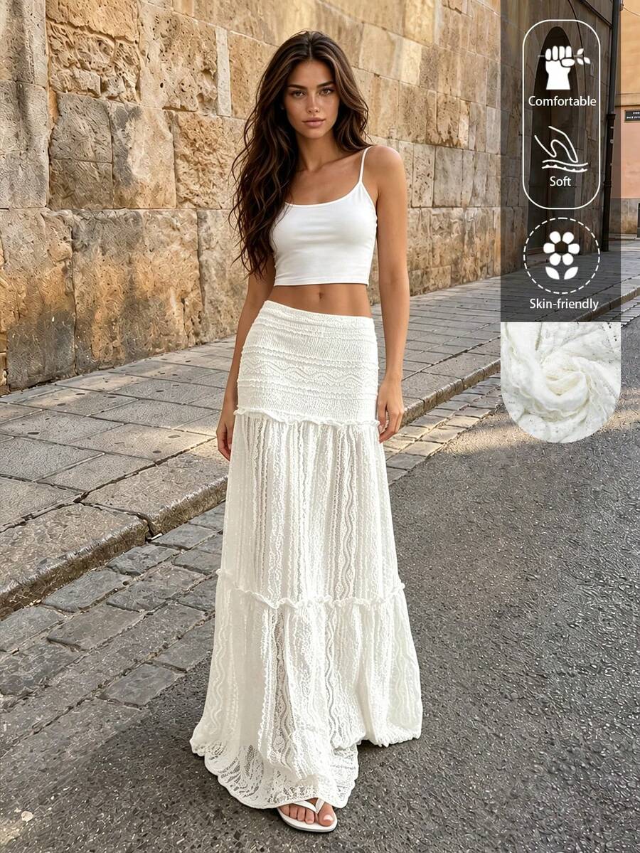 EARO Women's White Long Fabric Skirt, High Elasticity Lace Layered Design, Elegant Casual Summer Skirt Spring - White - View 1