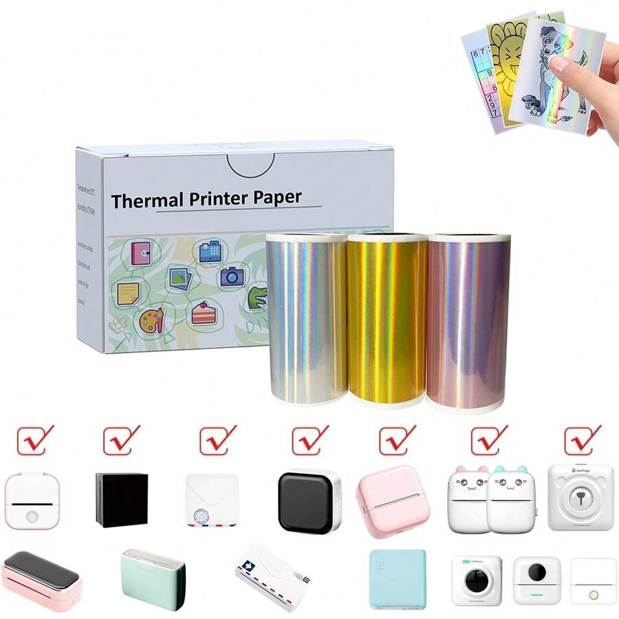 3 Rolls Holographic Paper, Shiny Laser Sticker Label Paper For Mini Portable - Multicolor - View 1