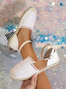 Women's Casual Fisherman Sandals, Closed Toe Hollow Flat Sole Straw Woven Flat Sandals - White Mesh - View 5