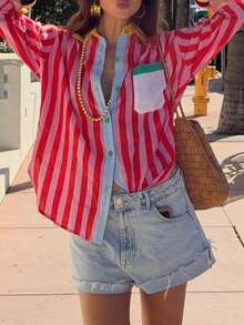 New Striped Contrast Color Front Button Pocket Button-Up Women's Shirt Vacation All-Season Top - Red - View 1