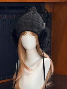 Versatile Warm Knitted Hat For Women, Winter Thermal Lined Pom Pom Earflap Hat, Face-Slimming Oversized Beanie - A - View 8