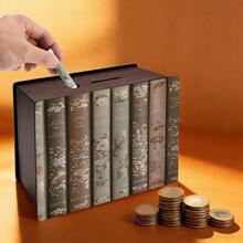 1pc Wooden Money Box, 2D Printed Book Image Design, Family Cash Digital Savings Plan Coin Bank, Cool Holiday Gift For Teens, Non-Electric Coin Storage Essential, Great Gift Idea, Rectangular Storage Money Box, Suitable For Christmas - Light Grey - View 2