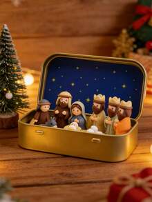 1 Set/1 Piece Christmas Nativity Scene Set In Metal Box, Christmas Nativity Scene Set, Jesus Statue, Suitable For Holy Family, Statue Metal Box Set, Handmade Small Nativity Scene Set, Holiday Decoration, Gift - Multicolor - View 3