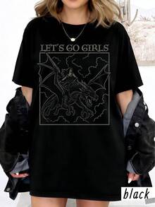 Women Retro Gothic Let's Go Girls Dragon Rider Graphic Tee Oversized Short Sleeve Cotton Fantasy Casual Street T-Shirt - 黑色 - 查看 1