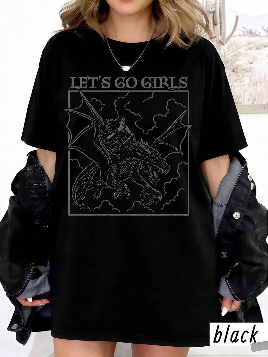 Women Retro Gothic Let's Go Girls Dragon Rider Graphic Tee Oversized Short Sleeve Cotton Fantasy Casual Street T-Shirt - 黑色 - 查看 1