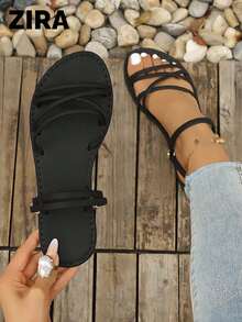 ZIRA2026 Women's Round Toe Closed Toe Thin Strap Metal Buckle Back Strap Flat Slide Sandals, Minimalist Casual Style - Black - View 2