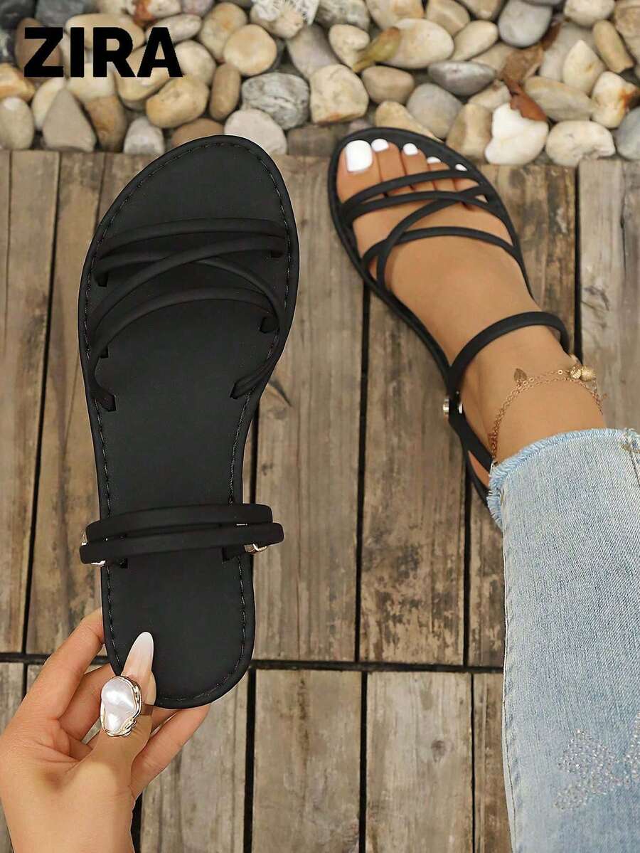 ZIRA2026 Women's Round Toe Closed Toe Thin Strap Metal Buckle Back Strap Flat Slide Sandals, Minimalist Casual Style