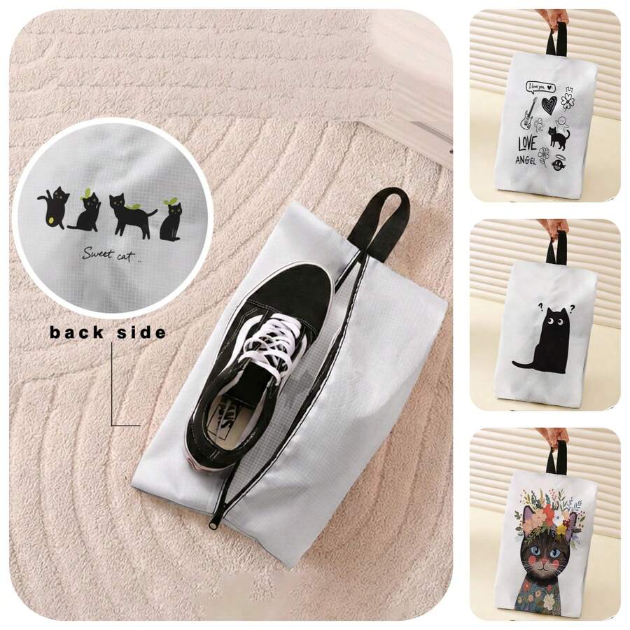 1pc Cat Print Shoe Storage Bag, Waterproof Fabric Zipper Closure Shoe Pouch With Handle,Portable Travel Shoe Organizer For Home Business Trip - White - View 1