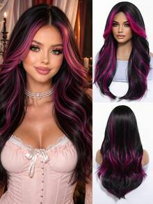 Topshe Ava WIGS 24英吋紅色挑染長波浪假髮，附簾幕瀏海，免膠水耐熱合成纖維無蕾絲假髮，女款黑色混紅長波浪假髮，適合日常穿戴、派對、Cosplay，多色假髮，完美的萬聖節女性禮物 - 紫色 - 查看 3