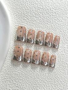 10片裝銀色星星亮片手工穿戴甲，Polygel美甲套組，星星設計銀色指甲油色，極簡星光風，附美甲工具，3種尺寸可選，杏仁/鴨嘴/棺材形，適合派對、跳舞、日常配戴 - 彩色 - 查看 12