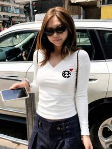 Y2K Minimalist Heart & Letter Print Design Inner Top, Autumn American Sweet Fitted Shoulder Long Sleeve T-Shirt For Women - White - View 4
