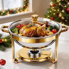 Gold Chafing Dishes For Buffet With Glass Lid (5QT, 1/2/4 Pack), Round Chafer & Warmer Set With Lid Holder, Polished 316 Stainless Steel, Rolled Rim Process, Chafing Dishes For Buffet For Catering Events, Parties, Weddings - 1pk - View 1