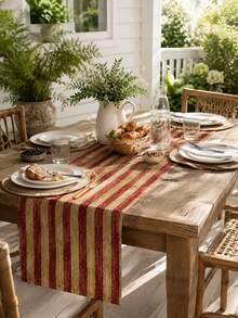 1PC Vintage Red Stripe Linen Table Runner, Beige Burgundy Rustic Farmhouse Table Runner, Classic Woven Look Dining Table Centerpiece Decor For Kitchen, Dining Room, Thanksgiving, Christmas, Holiday Party And Everyday Home Decoration - Distressed Stripes - View 7
