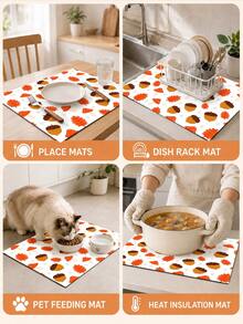 1pc Pumpkin Pattern Diatomaceous Earth Kitchen Dish Drying Mat, Absorbent Dish Drying Pad, Coffee Machine Mat, Dishwashing Mat, Sink Mat, Kitchen Countertop Protector, Suitable For Cups, Plates, Tableware And Kitchen Decor - Multicolor - View 4