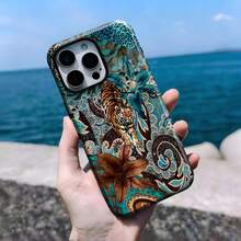 波希米亞虎紋花卉手機殼 異國風青色與棕色保護殼 相容 iPhone 17 Pro Max 16e 15 Pro 14 Plus 13 12 11 - 藍色 - 查看 2