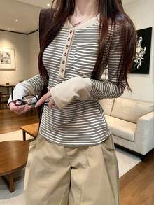 Women's Colorblock Striped Long Sleeve T-Shirt, Half-Neck, Slim Fit, Patchwork Design, Autumn Top, Random Cut - Apricot - View 1