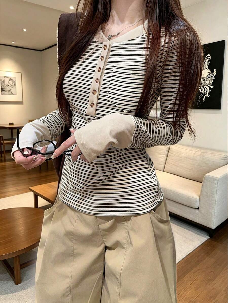 Women's Colorblock Striped Long Sleeve T-Shirt, Half-Neck, Slim Fit, Patchwork Design, Autumn Top, Random Cut - Apricot - View 1