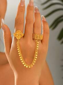 1pc Vintage Floral Double Finger Connected Chain Ring, Wedding Banquet Holiday Accessory - Gold - View 3