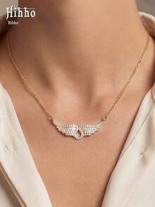 Hihho 1pc Elegant Gentle Angel Wing Rhinestone Necklace, Multiple Styles Available, Mature Style Wing Pendant, Versatile Jewelry For Party And Commute - Gold - View 4