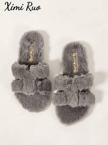 Ximi Ruo Women's Solid Color Flat Fuzzy Slippers Casual Vacation Beach Home Indoor Outdoor Wear Autumn Winter Warm Simple Fashion Fuzzy Slippers Slouchy Slip-On Women's Shoes Soft Fuzzy Lining Daily Commute Outfit Indoor Home Outdoor Street Wear Versatile Soft Lightweight Women's Slippers Autumn Winter Warm Gentle Style Women's Slippers Comfortable Flat Casual Travel Outfit Shoes Slouchy Home Outdoor Wear Dual-Use Fleece Slippers - Grey - View 7