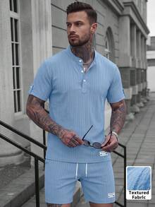 Men's Spring/Summer 3-Button Henley Short Sleeve Shirt And Drawstring Shorts Solid Color Jacquard Casual Vacation Regular Fit 2 Pieces Set, Commute Casual Textured - Baby Blue - View 2