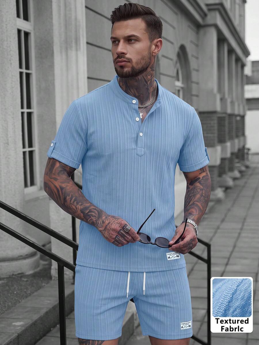 Men's Spring/Summer 3-Button Henley Short Sleeve Shirt And Drawstring Shorts Solid Color Jacquard Casual Vacation Regular Fit 2 Pieces Set, Commute Casual Textured