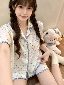 2pcs/Set Piyama Wanita, Cardigan Berkerah Motif Bintang, Celana Pendek Lengan Pendek Minimalis, Musim Semi/Panas - Blue and White - View 11