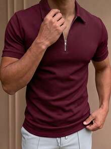 Kaos Lengan Pendek Pria Kasual Warna Polos dengan Resleting, Musim Panas - Redwood - View 3