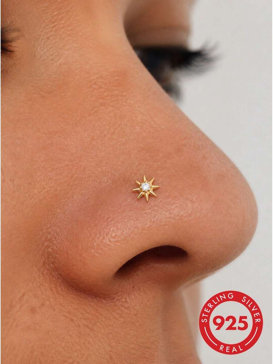 lunastudio 1pc 925 Sterling Silver 8-Point Star Nose Stud For Women Daily Wear - Gold - View 1