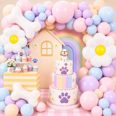 131pcs Blue And Pink Balloon Arch Kit, Includes Daisy And Dog-Bone Foil Balloons, As Well As Blue, Pink, Purple, And Orange Latex Balloons; It Is Perfect For Birthday Parties, Baby Showers, Gender Reveal Parties, And Cartoon Dog-Themed Parties.