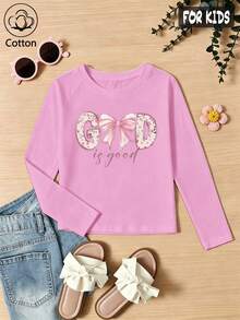 Girls' Cotton Raglan Long-Sleeve T-Shirt, Long Sleeves For Autumn & Winter, Pink Bow & 'GOD Is Good' Print, Cute Sweet Girly Preppy Style - Light Wine Red - View 2