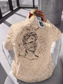 Men's Vintage Tie-Dye Distressed Long Sleeve T-Shirt, Autumn/Winter Back Statue Art Print, Loose Drop Shoulder Base Layer Top - Brown - View 3