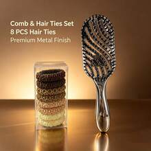 Curved Hollow Breathable Hair Comb + 8 Natural Color Hair Ties, Women's Hair Accessories Set - Rose Gold - View 5