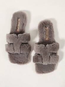 Ximi Ruo Women's Solid Color Flat Fuzzy Slippers, Casual Vacation Beach Home Indoor Outdoor Wear, Autumn Winter Warm Plush Lining, Simple Fashion Slouchy Slip-On Shoes, Soft Lightweight Versatile Daily Commute Indoor Outdoor Street Wear, Comfortable Flat Casual Travel Outfit Shoes, Fleece Lined Dual-Use Slippers - Grey - View 6