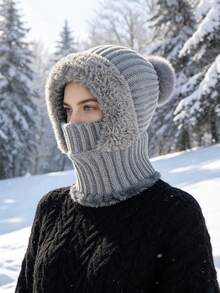 JOYLORD 1pc Women's Winter Knitted Hat Scarf Mask All-In-One Cap, Windproof Thermal Lined Warm Woolen Hat For Cycling - Hooded Bodysuit - View 10