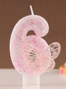 1pc Numeric Birthday Candle, Butterfly Birthday Cake Candle, Pink Glitter Cake Decor, Suitable For Girls And Women Anniversary Celebration - Pink - View 20