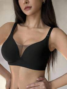 DAZY 1pc Seamless Mesh Patchwork Adjustable Unpadded Wireless Bra, Casual & Comfortable - Black - View 7