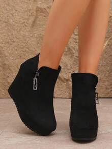Women's Autumn/Winter New Suede Thick Sole Wedge High Heel Ankle Boots, Inner Zipper, Round Toe, Outer Rhinestone Buckle Decor - Black - View 5