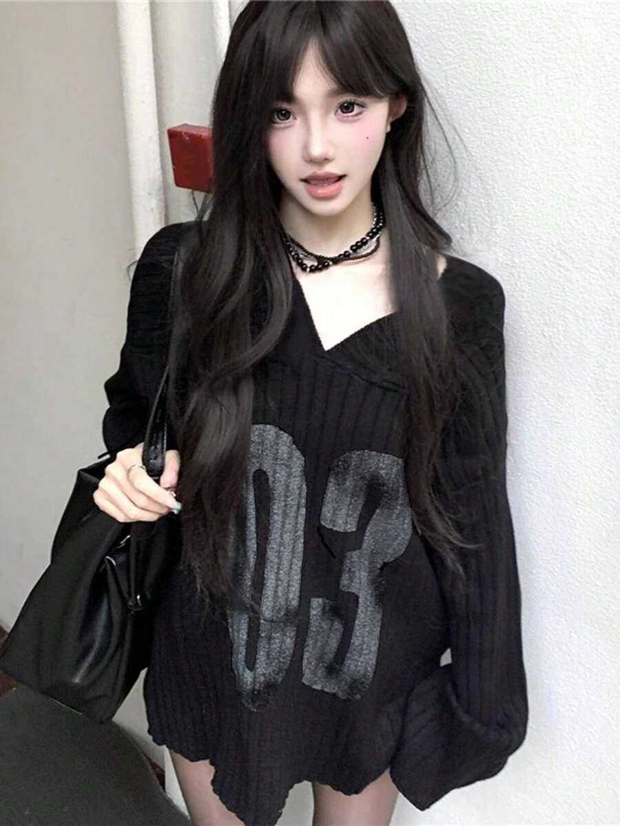 女款韓式時尚長袖V領針織衫 - 黑色 - 查看 1