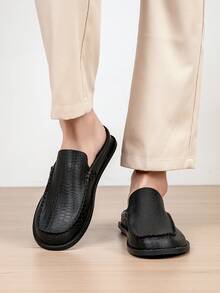 Men's Plus Size Big & Tall New Crocodile Embossed Slip-On Loafers, Backless Soft Sole Closed Toe, Business Casual Commuter Style - Black - View 7
